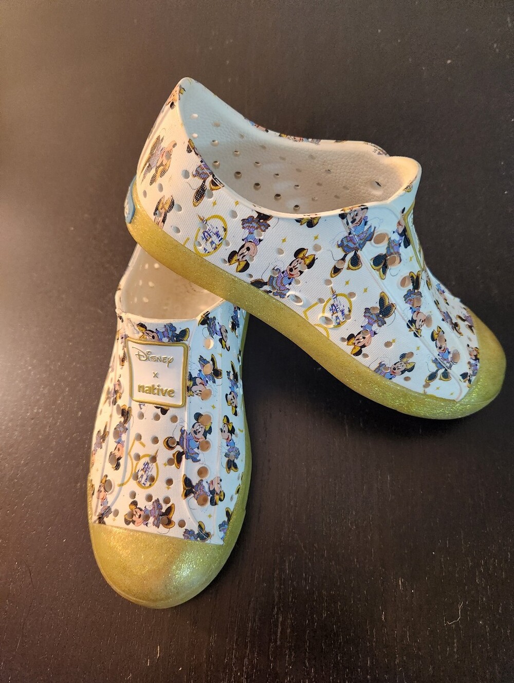 Native Disney Kids' Metallic Gold & White Mickey Slip-On Shoes.Small Slit At Top